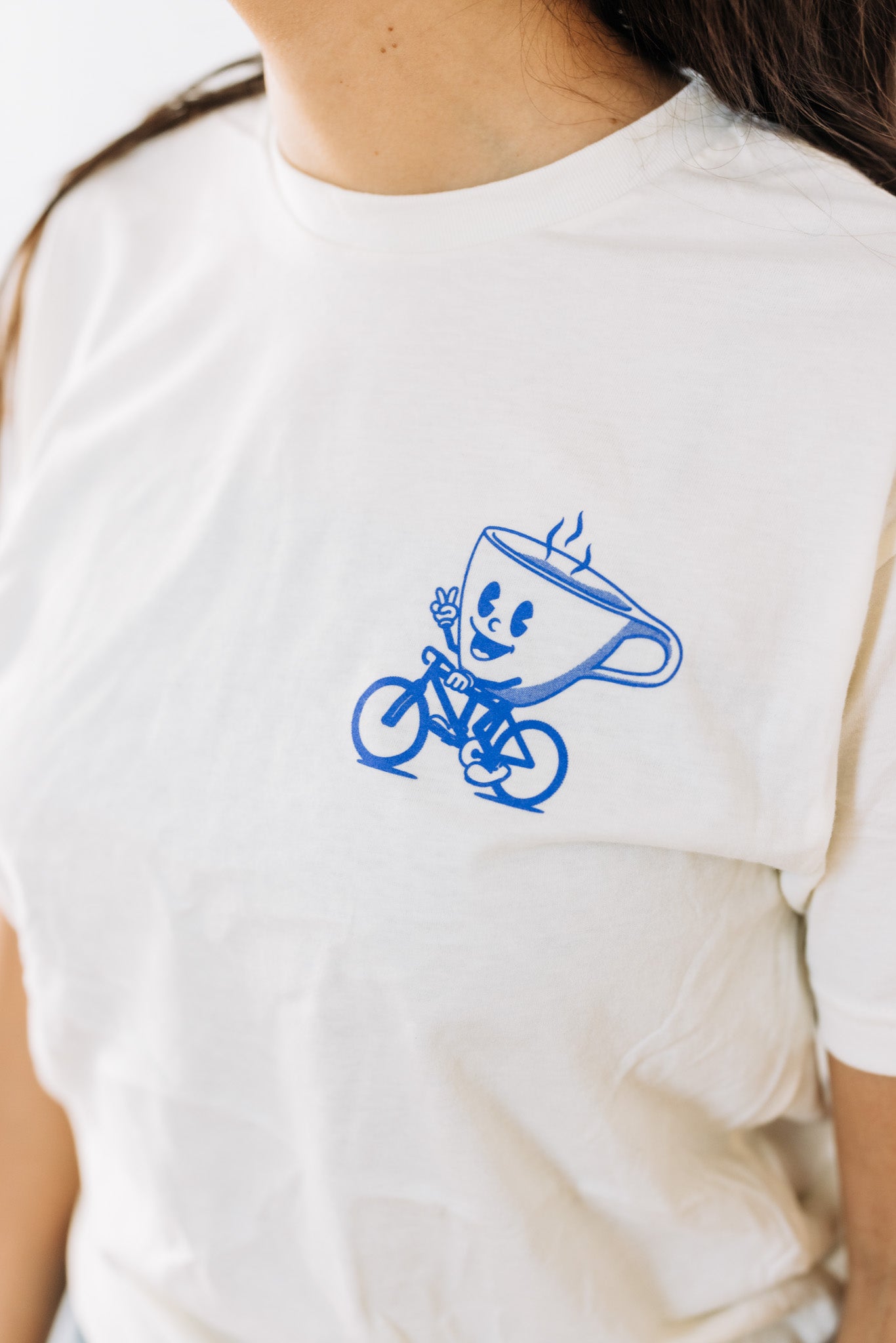 T-Shirt, "Shift Gears, Drink Coffee" White W/ Blue Print