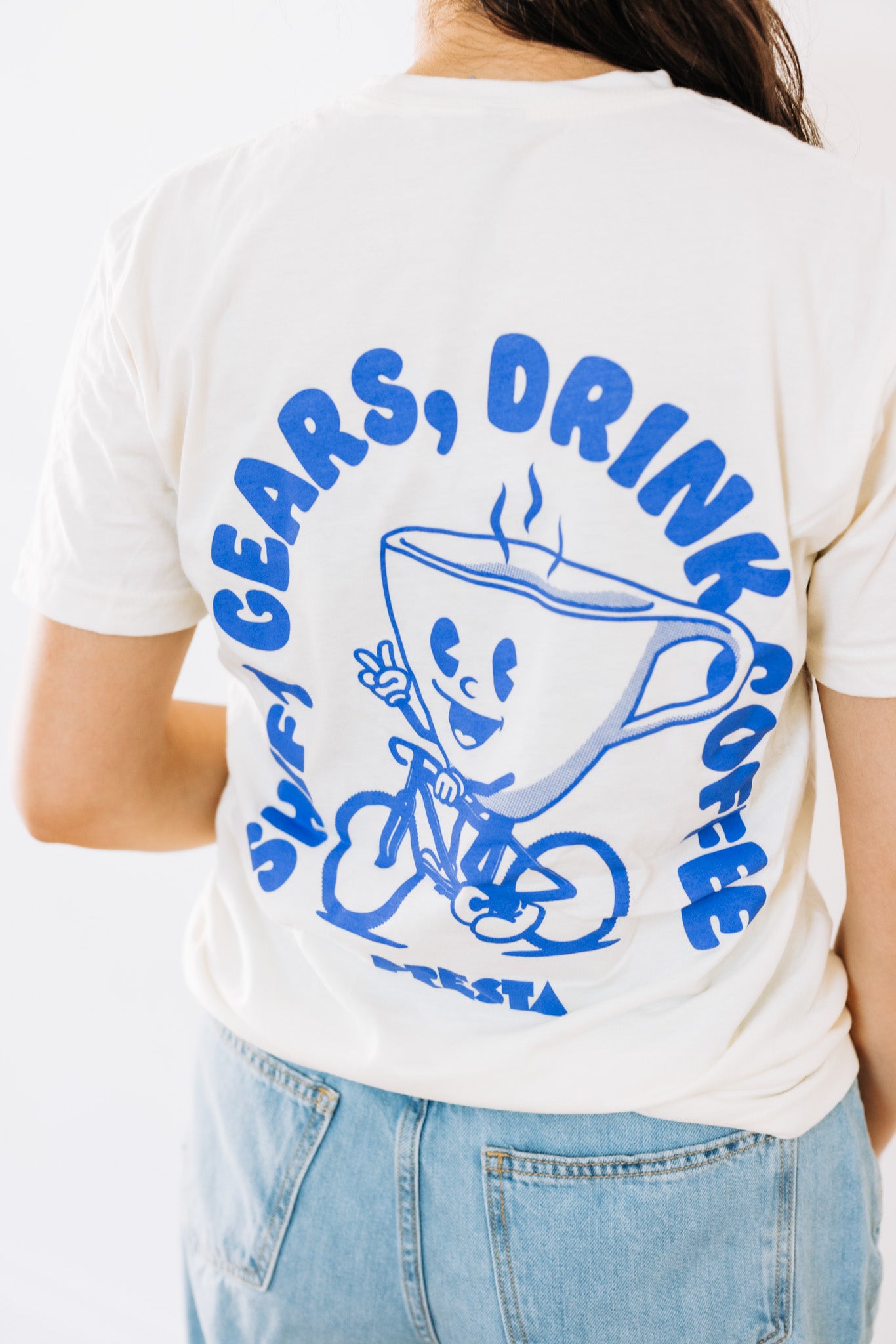 T-Shirt, "Shift Gears, Drink Coffee" White W/ Blue Print